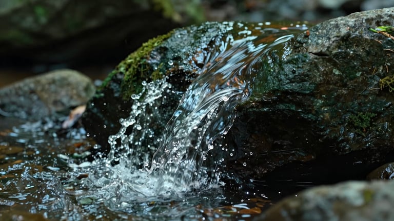 Macro photography of clear, sparkling spring water splashing over a smooth Dark Forest Green stone, captured in a North American / US mountain forest setting. High contrast and clean lighting.