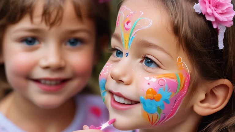 A joyful child with colorful face paint smiling at a birthday party.