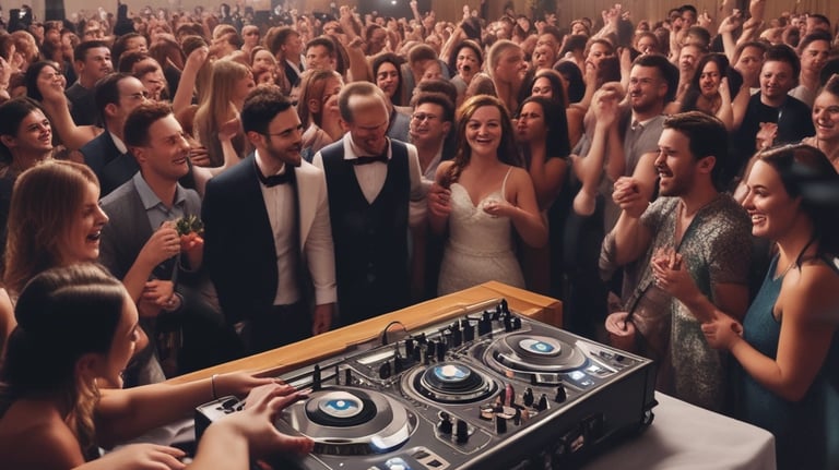 A DJ setup with a laptop and mixing console is positioned prominently in the foreground, set up on a stand. Behind it, a blurred background shows people sitting and standing under a large white tent adorned with string lights and greenery, suggesting an event or celebration.