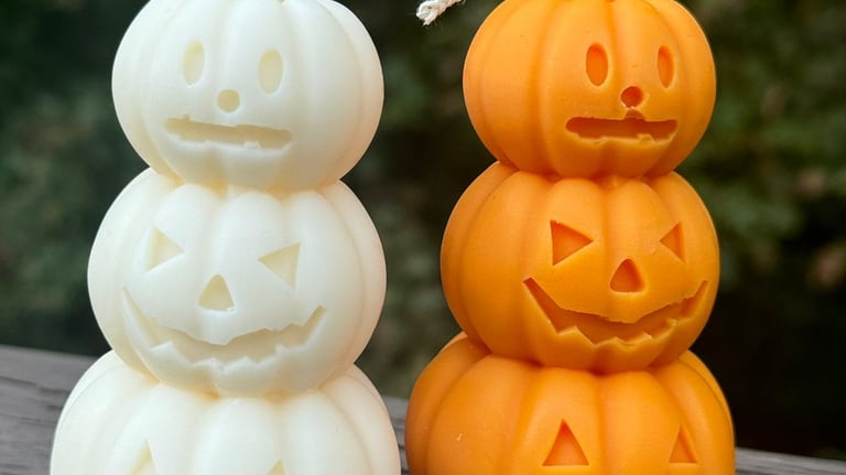 Two pumpkin candles outdoors