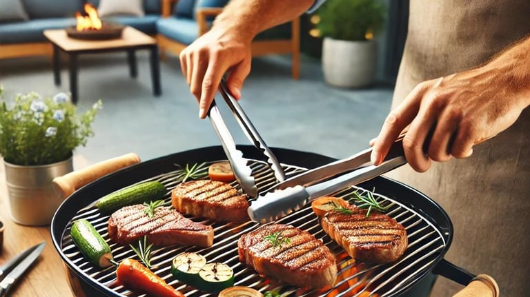 Person grilling on a charcoal grill with meat and vegetables.
