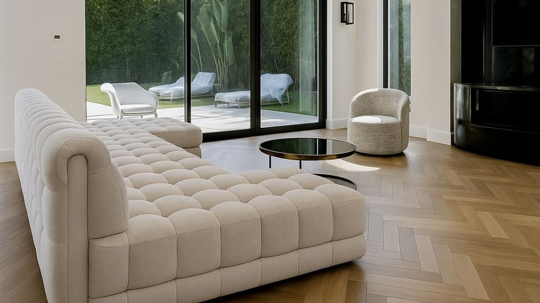 Modern living room with tufted beige sofa, round coffee table, and large glass doors to patio