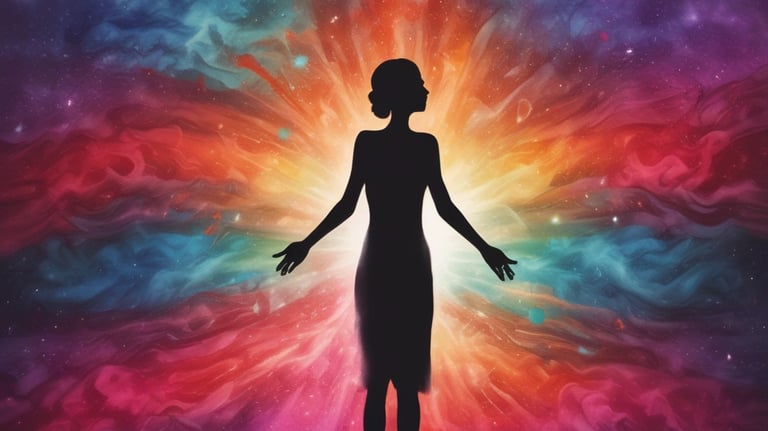 a woman standing on a hill with a colorful sky background