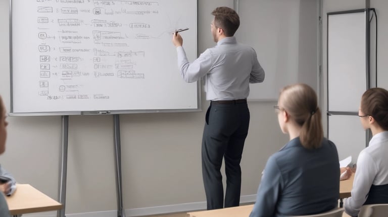 A professional consultation setting with a medical professional sitting at a desk facing a client. The room has a modern aesthetic with white walls decorated with framed certificates. The desk is organized with office supplies, a laptop, and a fruit bowl in the center.