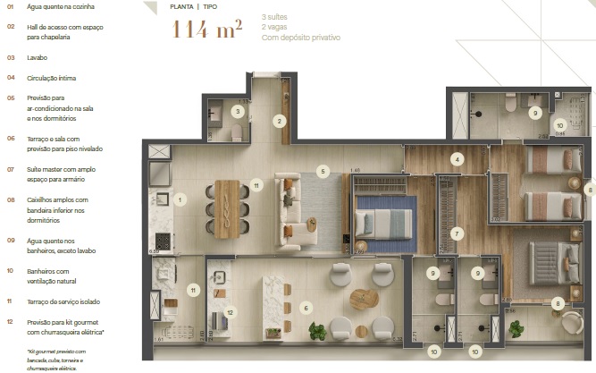 Detailed architectural 2D floor plan of a modern 114m2 apartment featuring 3 suites and an open-concept living area.