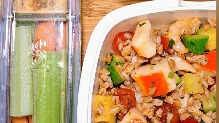 Ready for the lunchbox: farro salad with seafood for a Fort Lauderdale office