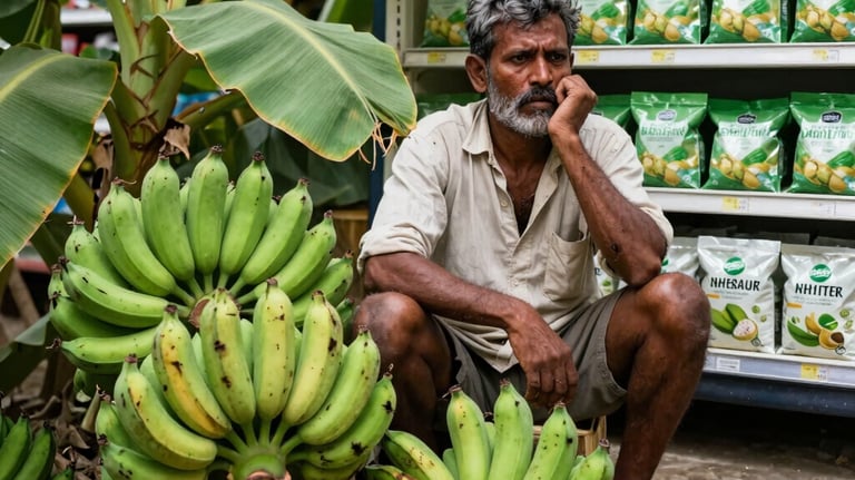 A local farmer selling fresh green banana bunches at a grocery store market stall.