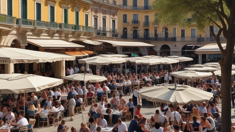 Large, bold blue and yellow letters on a glass door read 'Buy Local or Bye-Bye Local', reflecting a street scene with buildings and pedestrians in the background.