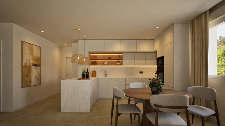 Render 3D de cocina moderna con península, comedor redondo y mobiliario en tonos neutros.