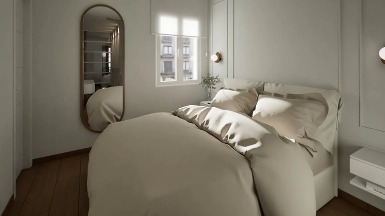Render 3D de dormitorio con espejo arqueado, molduras y textiles beige