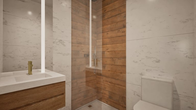 Render 3D de baño con revestimiento mármol y pared de madera