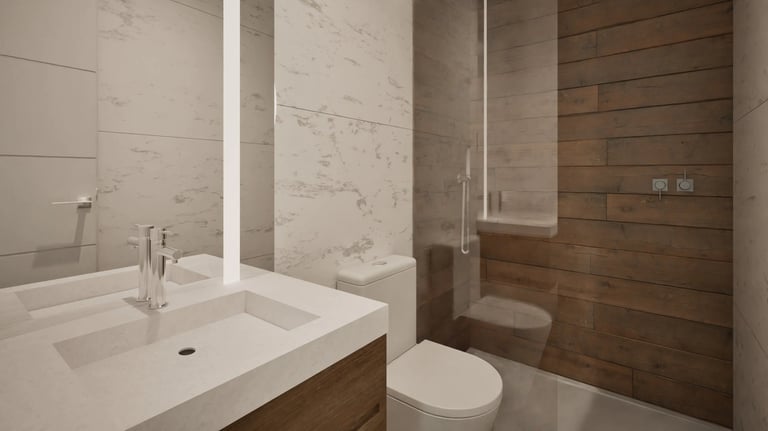 Render 3D de lavabo encastrado y ducha en baño mármol-madera
