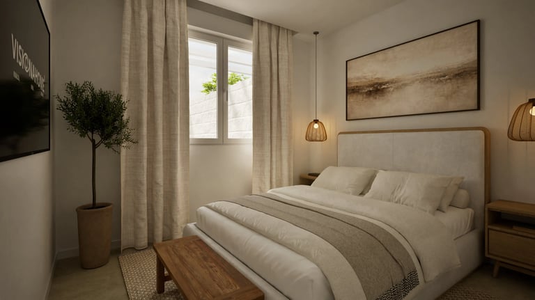 Render 3D de dormitorio moderno con cama tapizada, cortinas claras y mobiliario de madera.