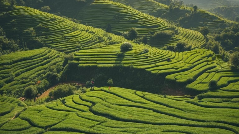 A man is working in a lush green tea plantation, surrounded by rows of tea plants and tall, slender trees in the background. Several other workers can be seen scattered across the plantation, engaged in similar activities. The man in the foreground is wearing dark clothing and a headscarf, holding a container for harvesting tea leaves.