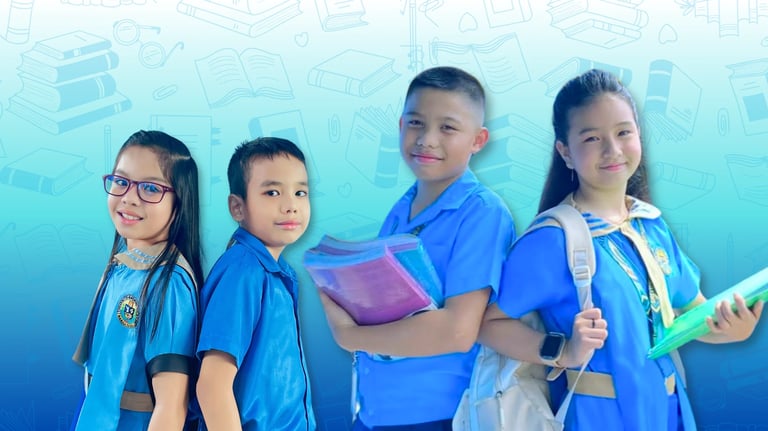 Shelomith students in blue uniforms holding books with illustrated school supplies in the background.