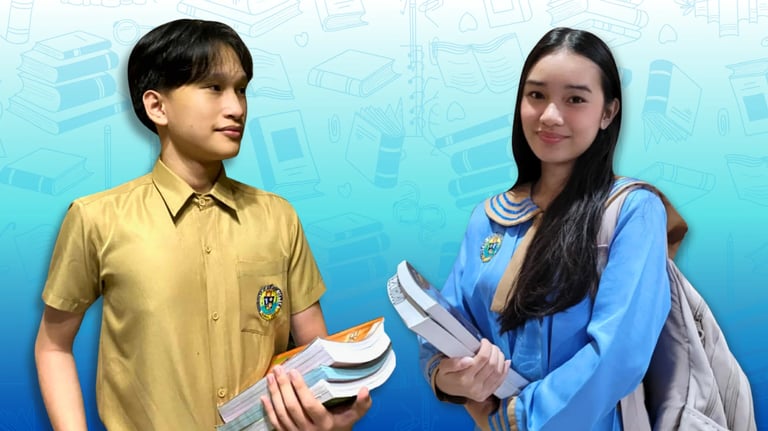 Shelomith Junior Highschool students in blue uniforms holding books with illustrated school supplies in the background.