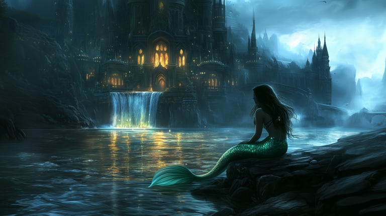 mermaid sitting on a rock overlooking an ancient castle at dusk
