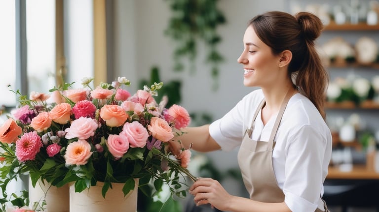 A beautifully decorated outdoor event space at night, featuring a floral archway adorned with lush greenery and white flowers. Behind the archway, tables are set up with chairs, each dressed with dark covers tied with bows. The atmosphere is festive, highlighted by string lights and hanging lamps casting a warm glow.