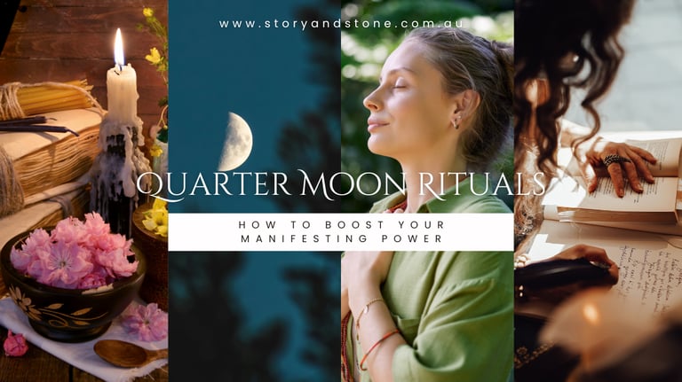 Moon, candle, woman meditating & journaling