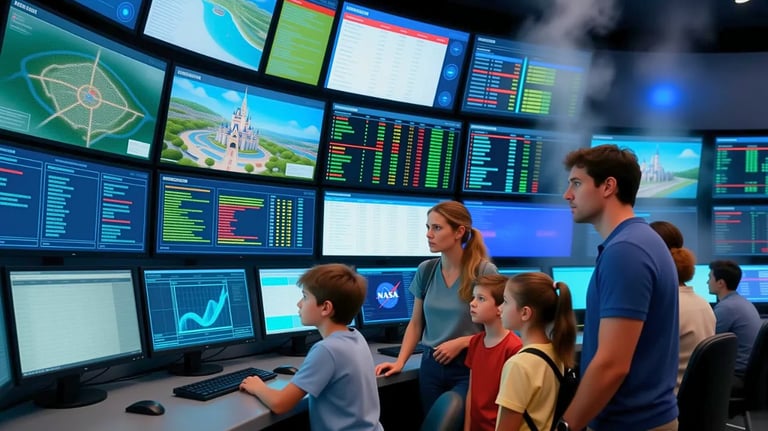 Family in NASA control room looking at screens with Disney castle maps for 2026 Disney World trip planning