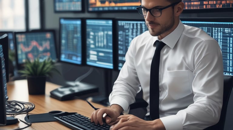 Focused trader analyzing forex charts on multiple monitors