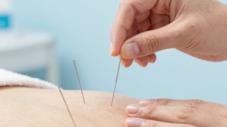 A practitioner performs an acupuncture treatment by inserting thin needles into a patient's back for pain relief.