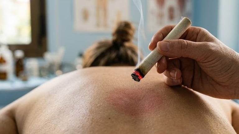 A practitioner performs a traditional moxibustion treatment using a burning moxa cigar on a patient's back.