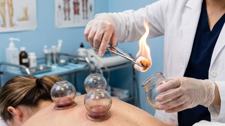A practitioner performs traditional fire cupping therapy on a patient's back for muscle recovery and wellness.
