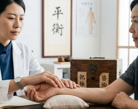 Traditional Chinese Medicine consultation and pulse diagnosis.