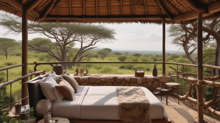 A stunning luxury lodge nestled in the Tanzanian wilderness at sunset
