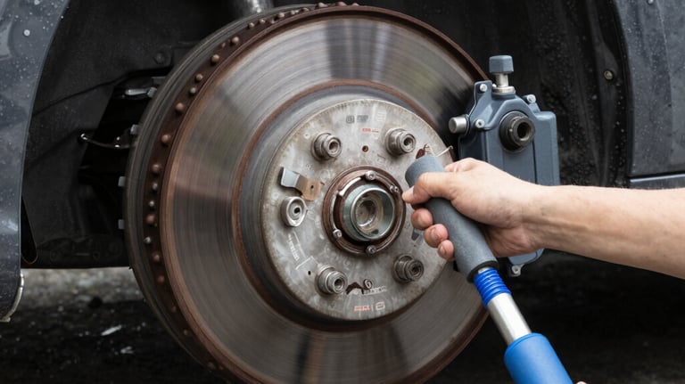A Sunshine Pit Crew technician performing an oil change on a car parked in a residential driveway.