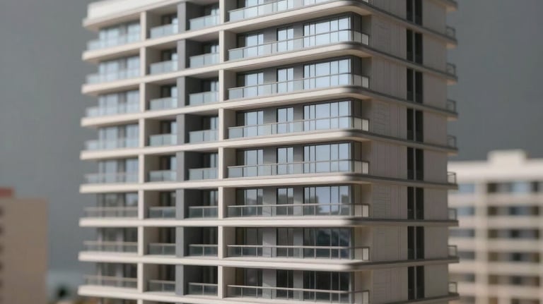 Atmospheric photograph of a minimalist scale model of a modern building, lighting focusing on the structural details and professional design.