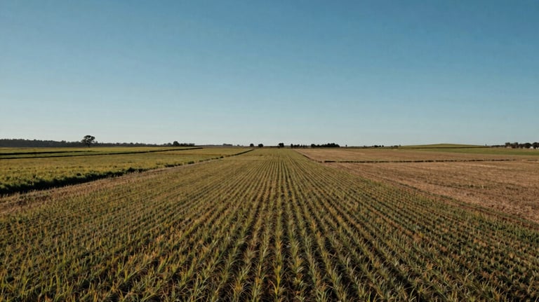 Photography of an expansive agricultural field in the Peruvian coast under a clear blue sky, showing productive land and clear property boundaries.