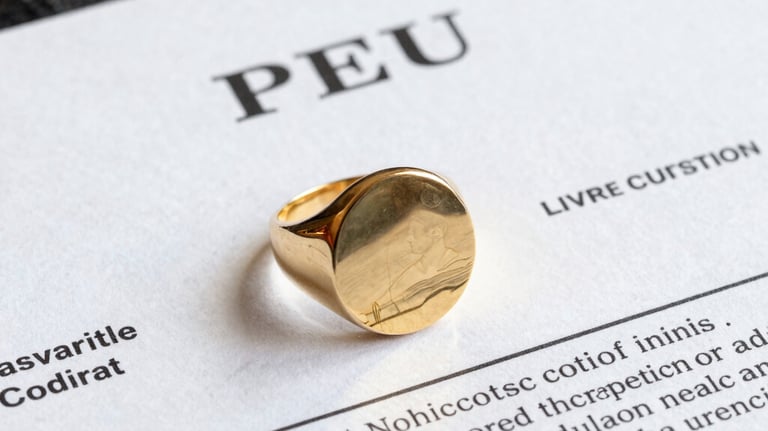 Detailed shot of a legal property title document and a gold signet ring on a dark marble surface, representing legal authority and luxury real estate expertise in Peru.