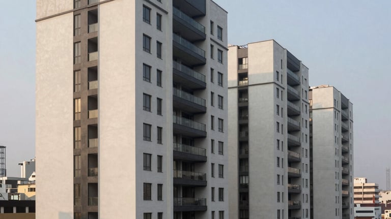Professional architectural photography of a modern residential complex in San Borja, Lima. Minimalist design, clean lines, and soft morning light. Peruvian urban context.