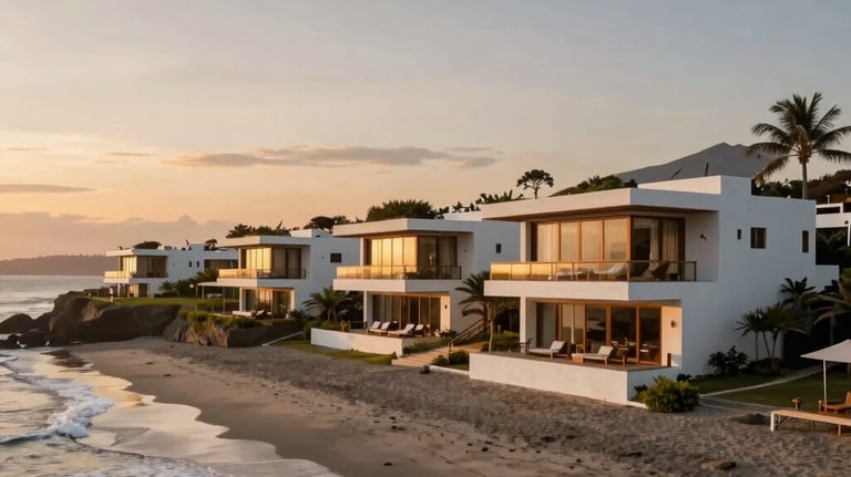 High-end landscape photography of a luxury beachfront property in Mancora, Piura, at sunset. South American coastline, elegant architecture, high-quality lighting.