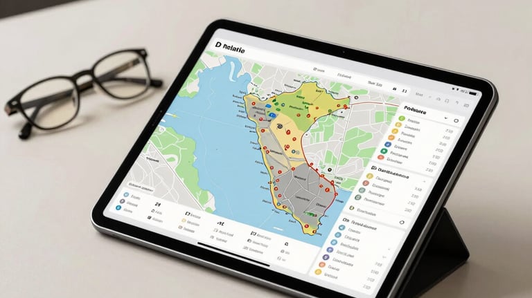 A futuristic and clean minimalist shot of a digital tablet displaying real estate data maps of Peru, next to a pair of glasses on an ivory desk.