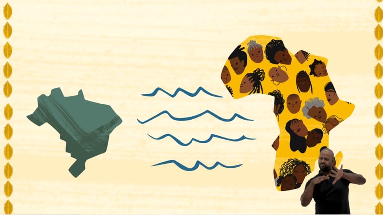 Captura de tela do filme Malum com ilustração dos mapas do Brasil e da África conectados por linhas.