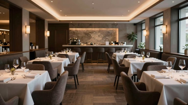 A wide shot of a serene, empty high-end restaurant dining room in Western Europe. The atmosphere is calm, controlled, and perfectly prepared for service.