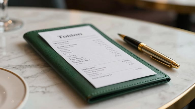 An elegant photo of a receipt resting on a dark green leather folder next to a gold pen on a high-end restaurant table. Soft bokeh background.