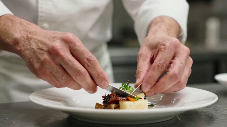 A detailed close-up of a chef's hands carefully plating a dish in a Michelin-star style kitchen. The focus is on precision and quality, representing professional integrity.