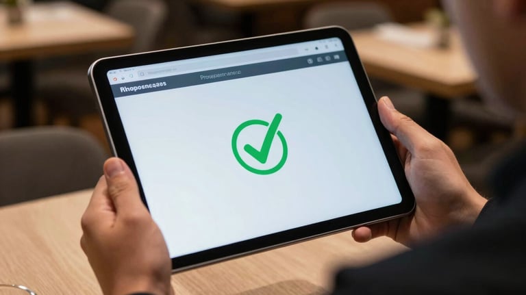 Close-up of a handheld digital tablet showing a verified checkmark on a professional dashboard, held by a person in a smart uniform in a Dutch restaurant setting.