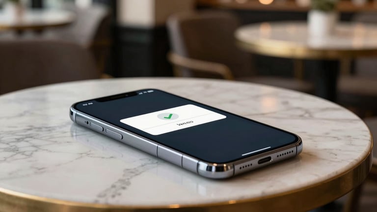 A high-end smartphone on a marble table showing a verification notification. Elegant Western European café setting in the background.