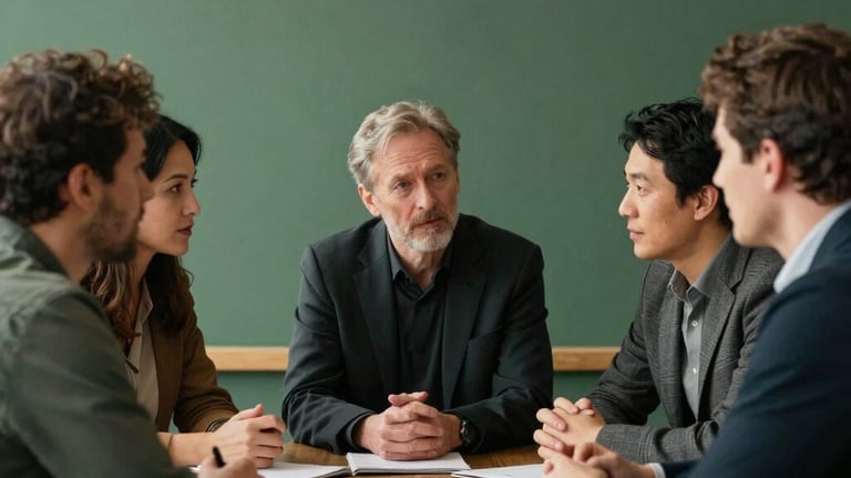 A group of professionals sitting around a table in a warm, enthusiastic discussion, Dutch design aesthetic, warm lighting, deep green and blackish accents.