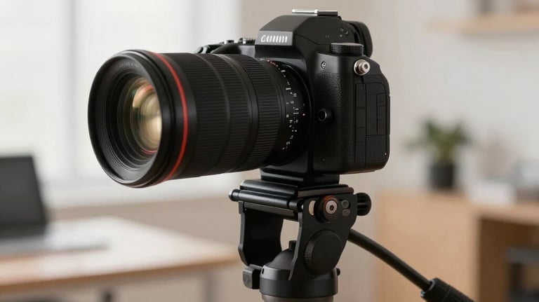 Detailed shot of a professional camera and tripod in a light-filled office, symbolizing social media content creation, with a background of warm white and sand colors.