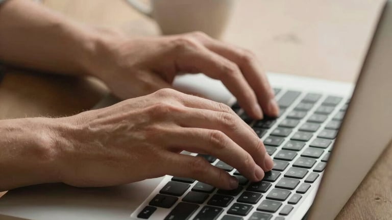 Detailed photography of a person’s hands typing on a laptop next to a cup of coffee on a sand-colored surface, warm lighting, professional but homey Northern European style.