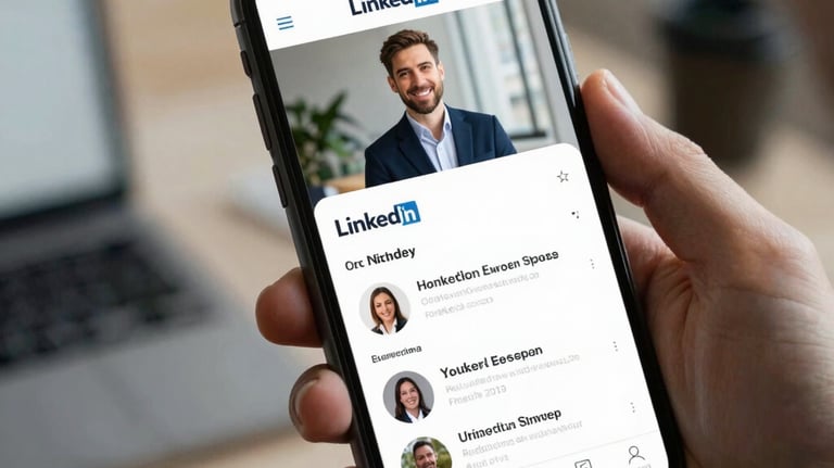 A close-up photograph of a smartphone displaying a professional LinkedIn profile, held by someone in a dark green blazer, soft Northern European office background.
