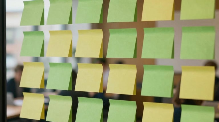 Photography of a brainstorming session with colorful post-it notes on a glass wall, blurry background showing a warm Dutch office interior, medium green and deep gold accents.