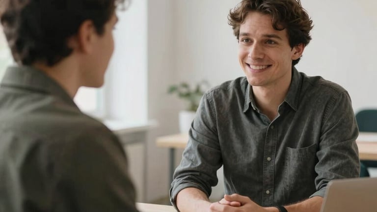 Atmospheric photography of two professionals in a meaningful conversation in a brightly lit, modern Northern European office, warm white walls, friendly and professional mood.