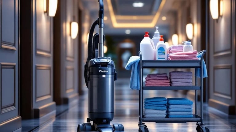 Professional vacuum cleaner and hotel housekeeping cart with towels in a luxury hallway.